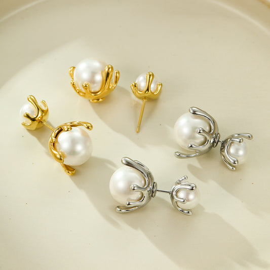 French All Matching Retro Titanium Steel One for Dual Wear Pearl Stud Earrings Personality Trend Light Luxury Earrings Women - Wanita Store
