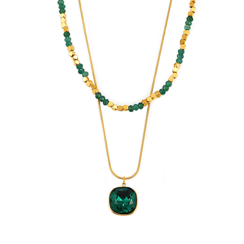 Natural Stone Beaded Crystal Stone Embellished Double Layer Necklace Stainless Steel All Match Clavicle Chain Necklace - Wanita Store