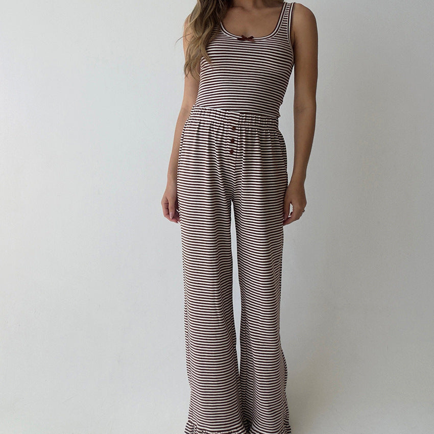 Autumn Casual Homewear Striped Vest Ruffled Pants Pajamas Two Piece Sets Can Be Worn outside