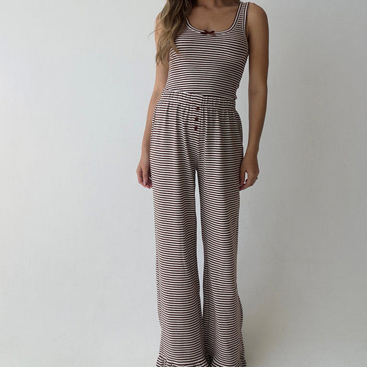 Conjuntos de dos piezas de pijama a rayas con chaleco y pantalones con volantes, para el hogar, informales, de otoño, que se pueden usar en el exterior