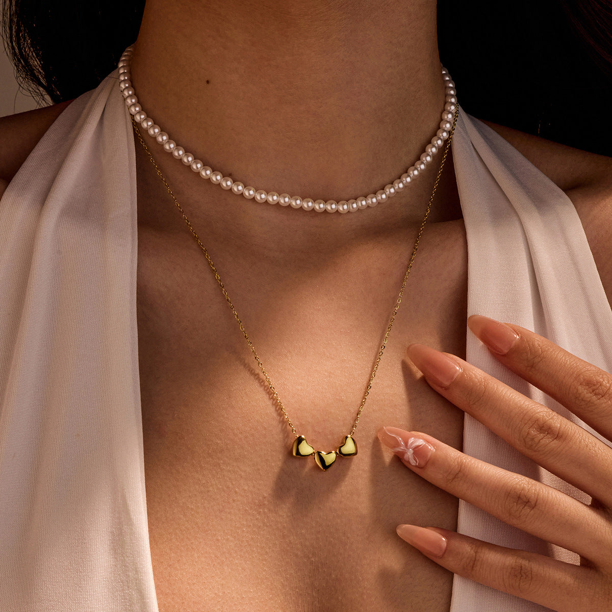 Wild Stainless Steel Necklace Pearl Heart Embellished Plated 18K Gold Titanium Steel Clavicle Chain Jewelry - Wanita Store