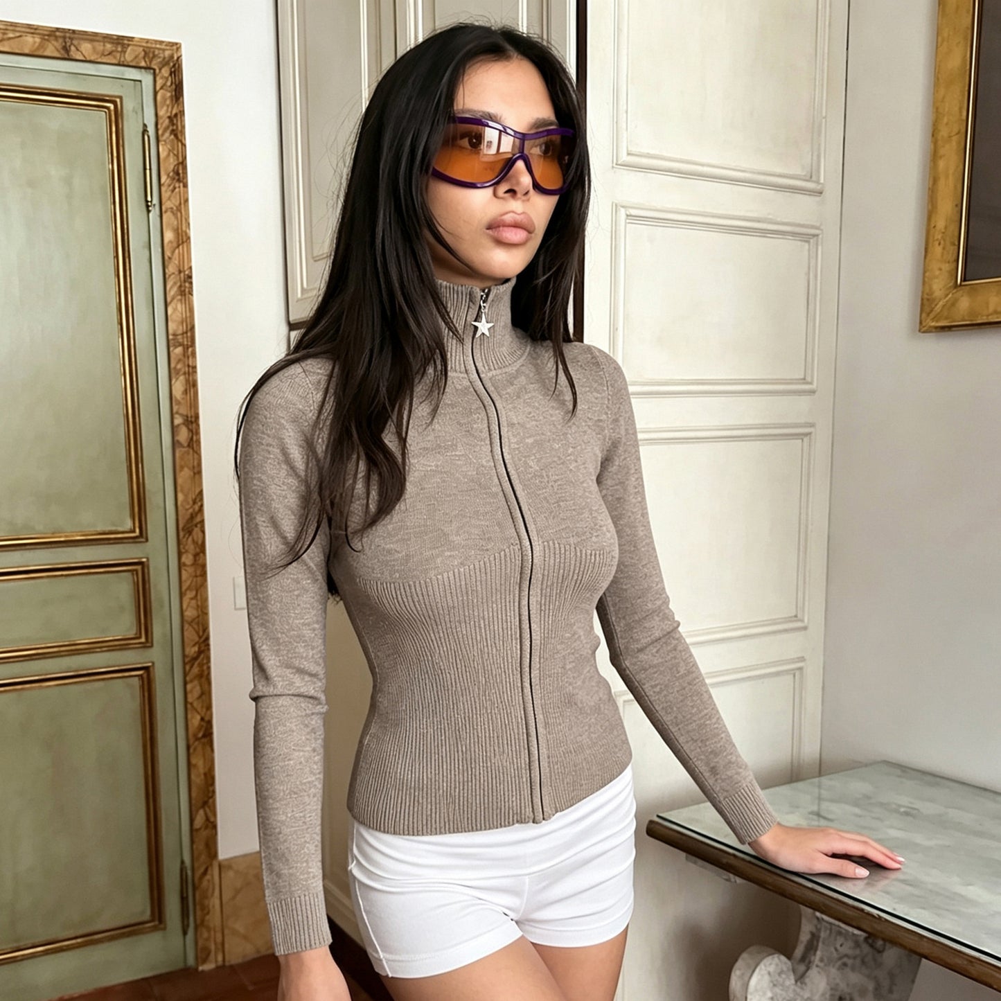Autumn Winter Women Solid Color Minimal Casual Sweater Lightly Mature Stand Collar Zipper Coat