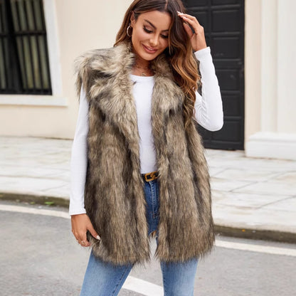 Ladies Faux Fur Suit Collar Vest Faux Fur Vest Plush Long Fur Vest - Wanita Store
