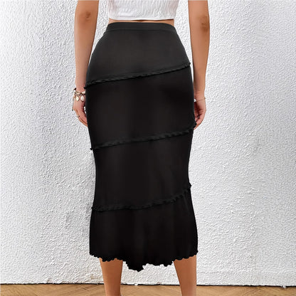 Skirt Black Autumn Winter Women Clothing Solid Color Multi Layer Stitching Wooden Ear Knitted Fishtail Skirt Step by Step Lotus - Wanita Store