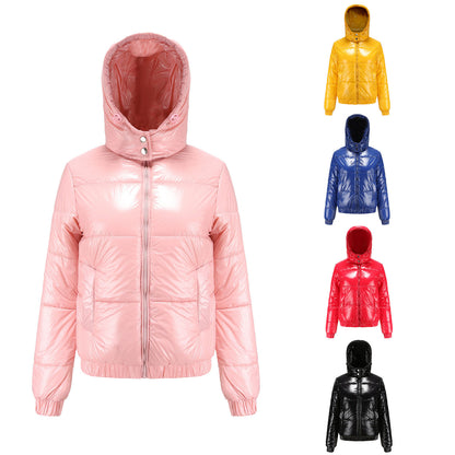 Fall Winter Hooded Cotton Padded Clothes 20D Film Splash Proof Fashionable Jacket Long Sleeve Glossy Cotton Padded Clothes for Women - Wanita Store