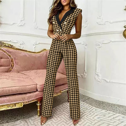 Spring Summer Women Clothing Color Matching Button V-neck Sleeveless Houndstooth Jumpsuit Business Wear for Women - Wanita Store