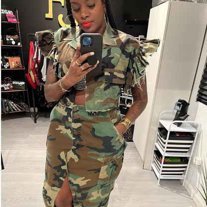 Camouflage Women Clothing Flounce Sleeve Pocket Personalized Cardigan Outdoor Short Sleeve Women Coat - Wanita Store
