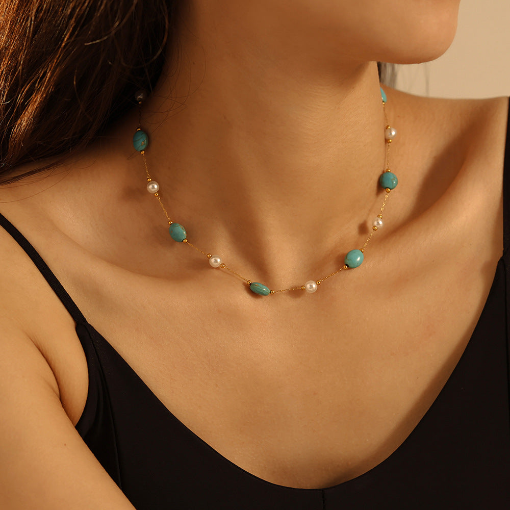 Niche Natural Turquoise Imitation Pearl Necklace Bracelet Stainless Steel Light Luxury Elegant Outfit - Wanita Store