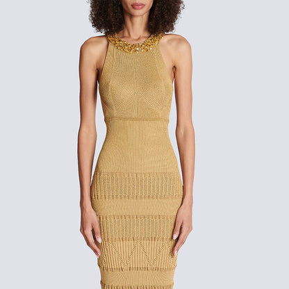 Summer Sleeveless round Neck Bead Heavy Industry Slim Fit Long Knitted Elastic Dress Slimming Maxi Dress - Wanita Store