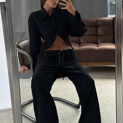 Women Collared Long Sleeves Cropped Design White Shirt Hollow Out Cutout out Tied Wide Leg Pants Two Piece Set - Wanita Store