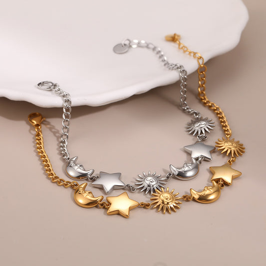 Sun Moon Stainless Steel Bracelet Light Luxury High-Grade Jewelry Non Fading Titanium Steel Ornament Women - Wanita Store