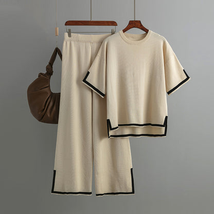 Outfit Elegant Contrast Color Split Short Sleeve Sweater High Waist Slimming Wide Leg Pants Trousers Two Piece Set - Wanita Store