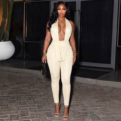 Women Clothing Summer Solid Color Sexy Sleeveless Halter Swing Collar Backless Slim Fit Long Conjoined Trousers