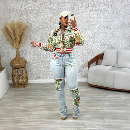 Spring Jacquard Ladies Long Sleeve Square Neck Short Jacket - Wanita Store