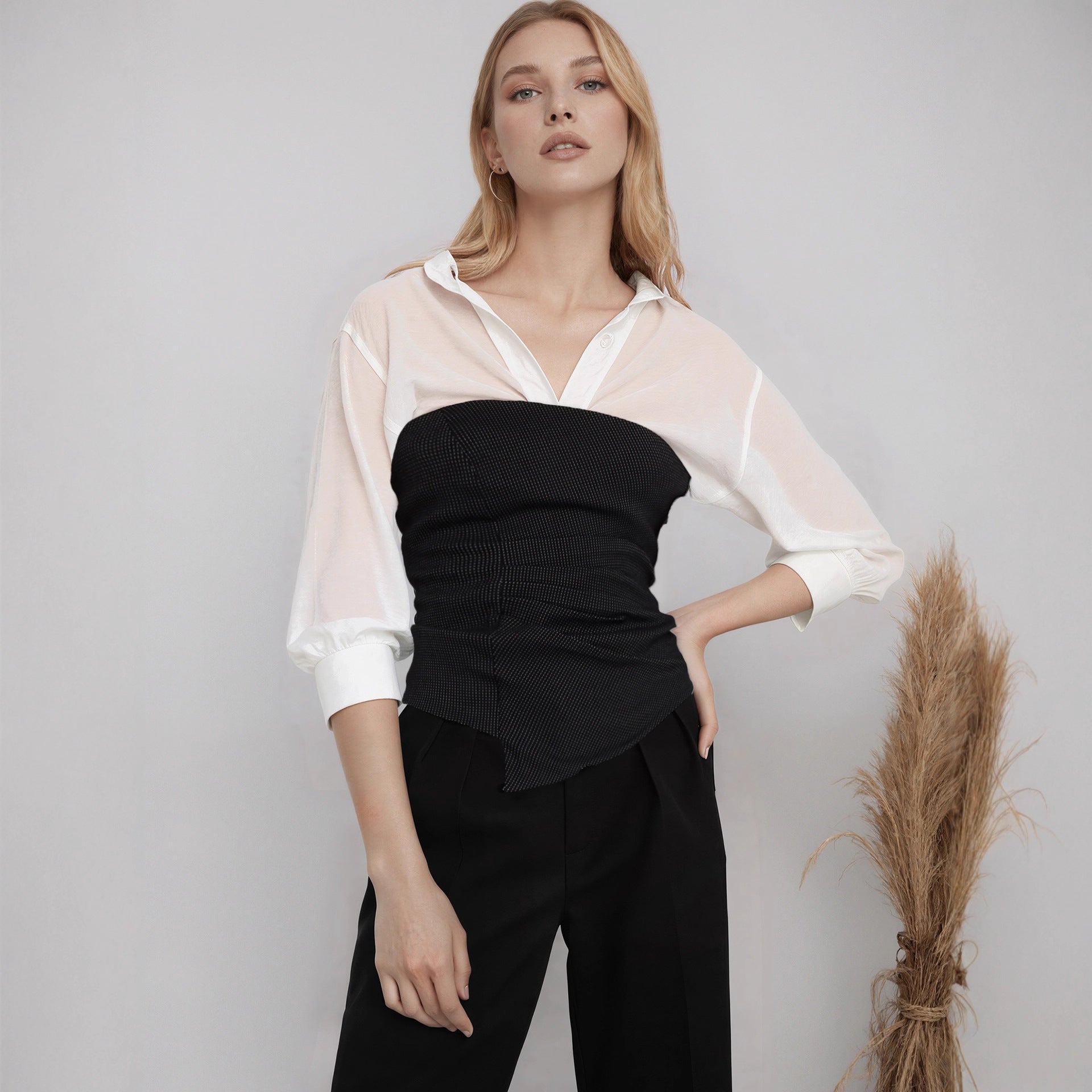 White V neck Waist Three Quarter Sleeve Shirt Women French Elegant Niche Slimming Top - Wanita Store