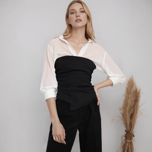 White V neck Waist Three Quarter Sleeve Shirt Women French Elegant Niche Slimming Top - Wanita Store