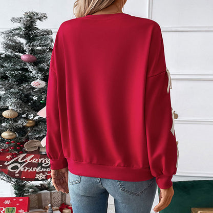 Autumn Winter Top Round Neck Bowknot Red Christmas Sweatshirt for Women - Wanita Store