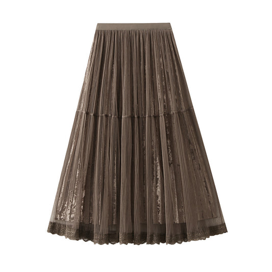 Elegant Draping Mesh Velvet Pleated Skirt for Women High Waist Slimming Long Skirt