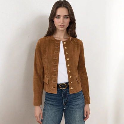 Classic Metal Single Breasted Short All Match Suede Air Layer Jacket Short Coat Autumn - Wanita Store