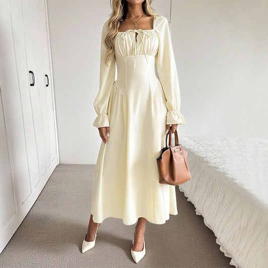 Women Clothing Gentle Square Collar Lace up Long Sleeve Dress Pleated Waist Tight Slimming A line Big Hem Dress