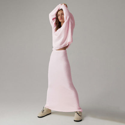 Sweater Suit Women Autumn Winter Office Simple Knitting V Neck Sweater Skirt Set - Wanita Store
