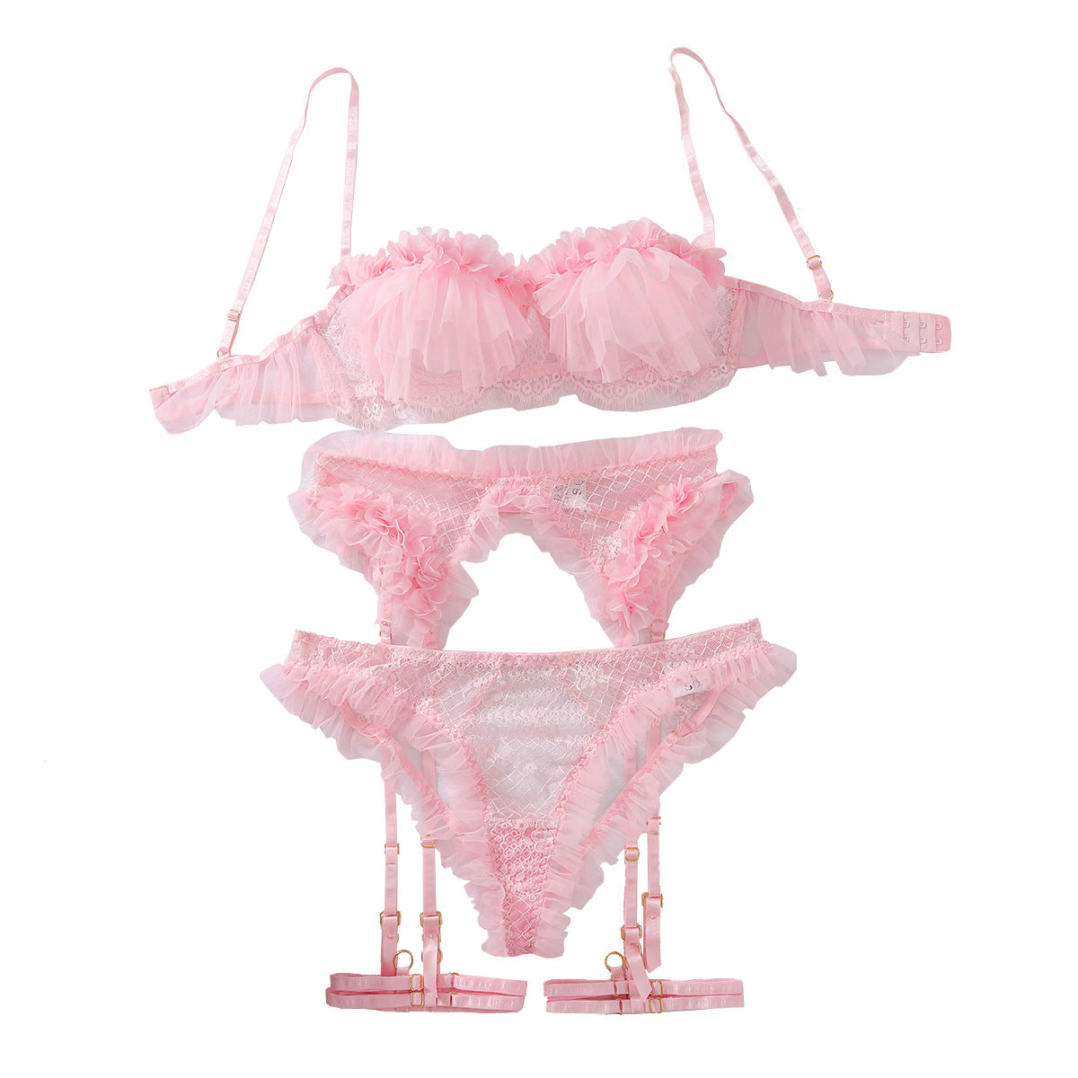 Three Point Sexy Suit Sexy Ruffled Mesh Lace Hollow Out Cutout Out See Through Sexy Underwear Four Piece Set