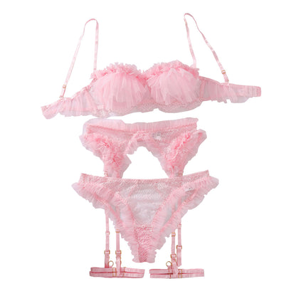Three Point Sexy Suit Sexy Ruffled Mesh Lace Hollow Out Cutout Out See Through Sexy Underwear Four Piece Set