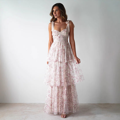 Middle East Sexy Sling Backless Cake Pink Floral Dress - Wanita Store