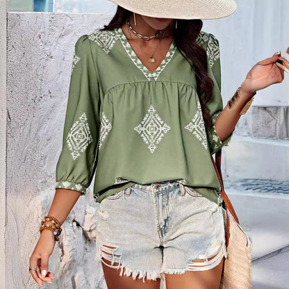 Women Clothing Summer Printed Bags Three Quarter Sleeve V neck Women Top - Wanita Store