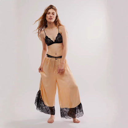 Pantalones holgados informales de pierna ancha de encaje y satén para mujer