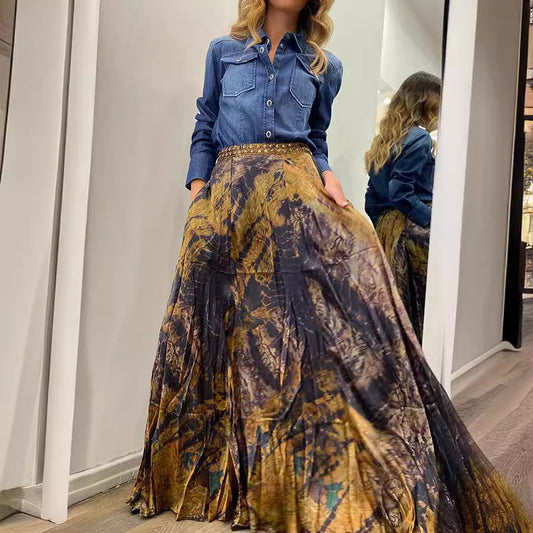 Women Autumn Retro Printed Elastic Waist Long Skirt - Wanita Store