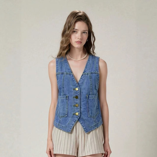 Women Sleeveless Button Slim Denim Vest
