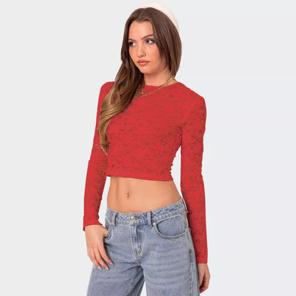 Private Clothes Sexy Lace Short Top Sexy Beautiful Slim Fit Long Sleeve T Shirt Women Summer - Wanita Store