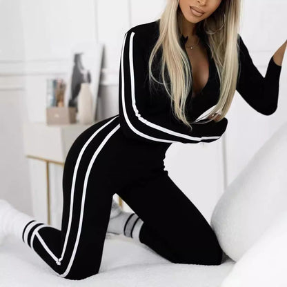 Autumn Winter Women Slim Striped Half Zipper Jumpsuit - Wanita Store