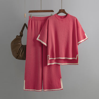 Outfit Elegant Contrast Color Split Short Sleeve Sweater High Waist Slimming Wide Leg Pants Trousers Two Piece Set - Wanita Store