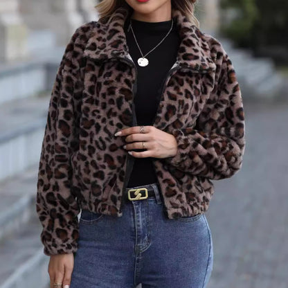 Flash Velvet Women Clothing Autumn Winter Loose Zip Long Sleeve Leopard Print Plush Coat - Wanita Store