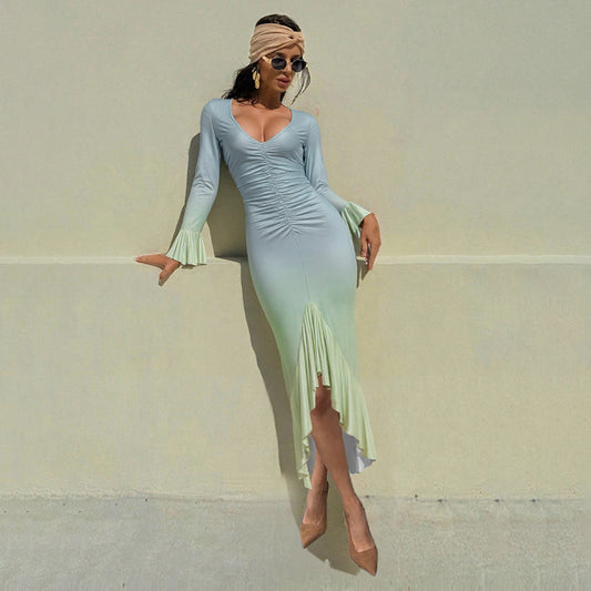 Fall Women Clothing Unique Gradient Contrast Color Slim Fit Sexy V neck Sheath Long Sleeve Dress