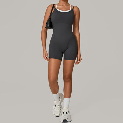 Autumn Sand Faux Two Piece Contrast Color Sling Sports Jumpsuit One Piece Yoga Clothes Backless Outdoor Fitness One Piece - Wanita Store