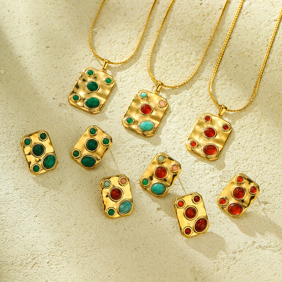 Exotic Square Color Natural Stone Titanium Steel Embellished Simple All-Match Sense Necklace Ring Set - Wanita Store