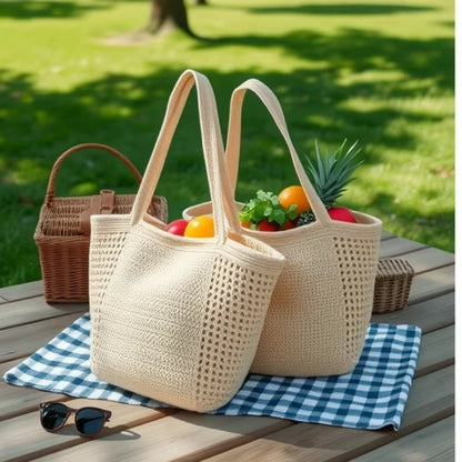 Large Capacity Cotton Thread Woven Bag Hollow Out Cutout Shoulder Straw Bag Vacation Beach Bag Women Bag - Wanita Store