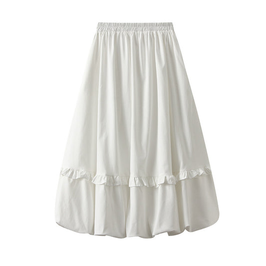 Elastic Waist Wooden Ear Pleated Bud Mid-Length Dress Women Autumn Cover Slimming All Matching Skirt
