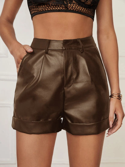 Faux Leather Shorts Women Outer Wear Summer High Roll Hem Pleated Ladies Casual Hip-Wrapped Pants - Wanita Store