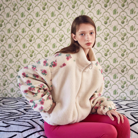 Abrigo de Lana de Cordero con Cuello, Cremallera y Costuras Florales de Felpa Polar Suelta para Mujer
