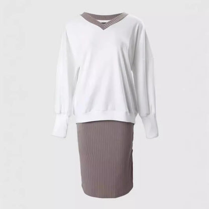 Women Wear Outing Casual Loose V neck Sweatshirt Tight Skirt Long Sleeved Top Two Piece Set - Wanita Store