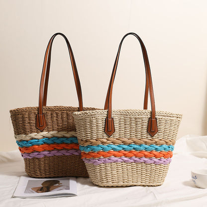 Bohemian One Shoulder Straw Bag Rainbow Stripes Straw Bag Woven Bag Vacation Beach Bag Women Bag - Wanita Store