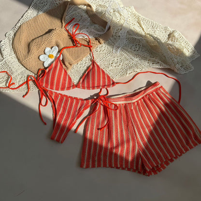 Sexy Lace up Striped Three Piece Swimsuit Bikini - Wanita Store