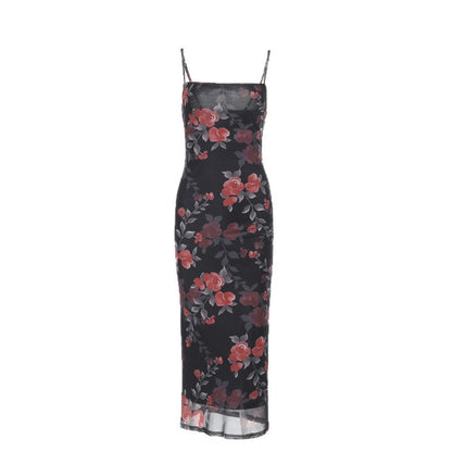 Robe longue de printemps Socialite Élégante Sexy Bretelles Fines Tulle Imprimée