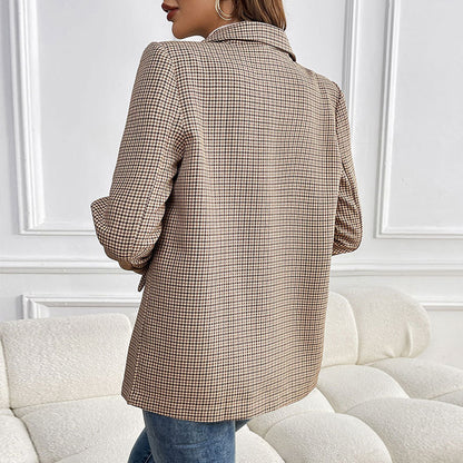 Autumn One Button Houndstooth Blazer - Wanita Store