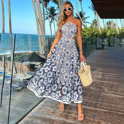 Vestido de tirantes Sexy Sexy de verano con estampado de patrón de cintura halter hueca con aberturas para mujer