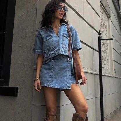 Workwear Denim Culottes Women Summer V neck Short Sleeved Top Summer Women Sexy High Waist Irregular Asymmetric - Wanita Store